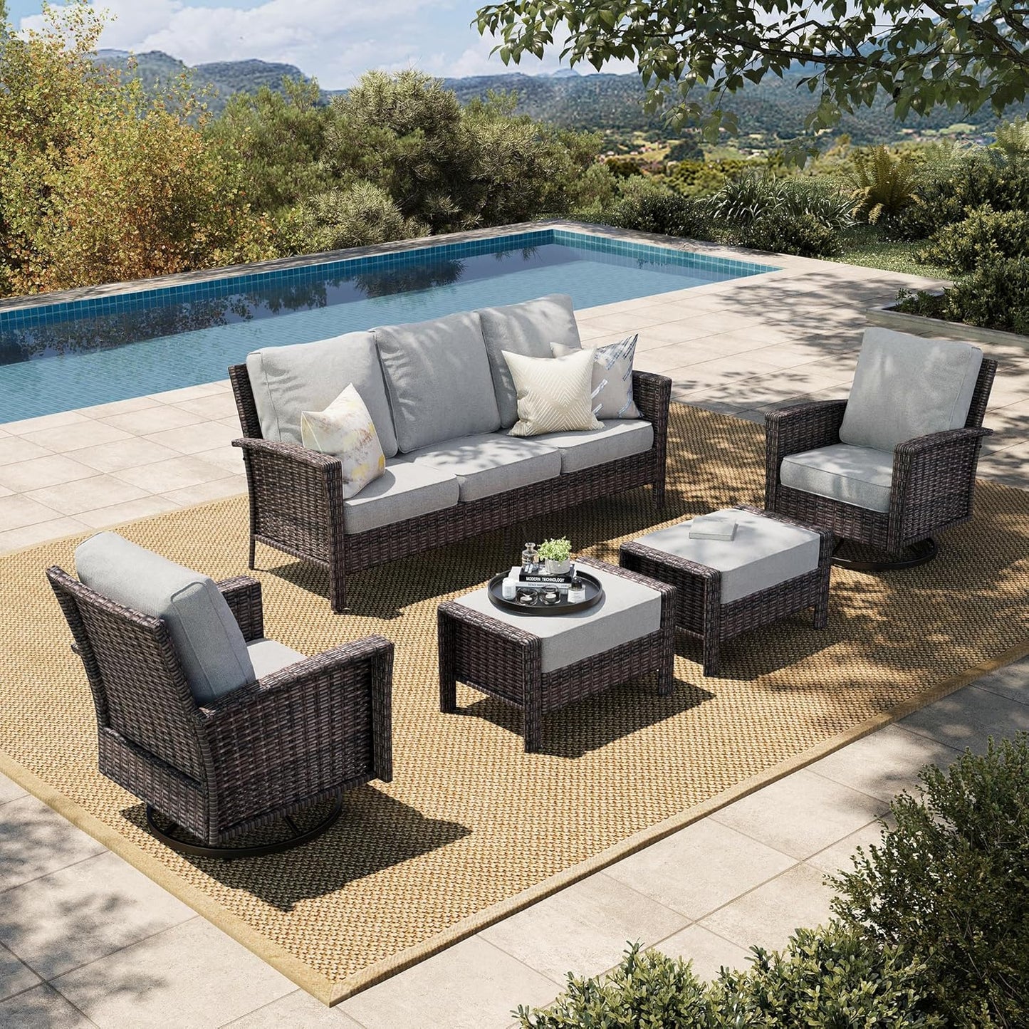 Luxury Patio Furniture Set with 5.5" Thick Cushion, Outdoor Wicker Conversation Set, 4 x High Back Swivel Patio Chairs with Tempered Glass Table, Waterproof 3-Seat Sofa for Deck Lawn Deck Yard, Beige