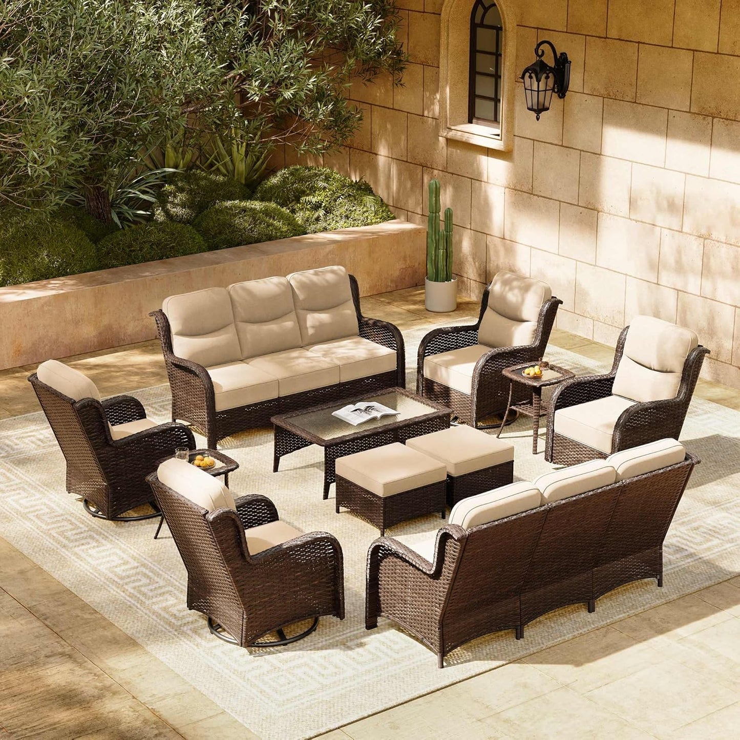 HILLGA Luxury Patio Furniture Set with 6-inch Thick Cushion, Outdoor Sectional Sofa and High Back Swivel Rocker Patio Chairs, 7PCS Wicker Conversation Set for Deck Yard and Pool, Blue (V2)