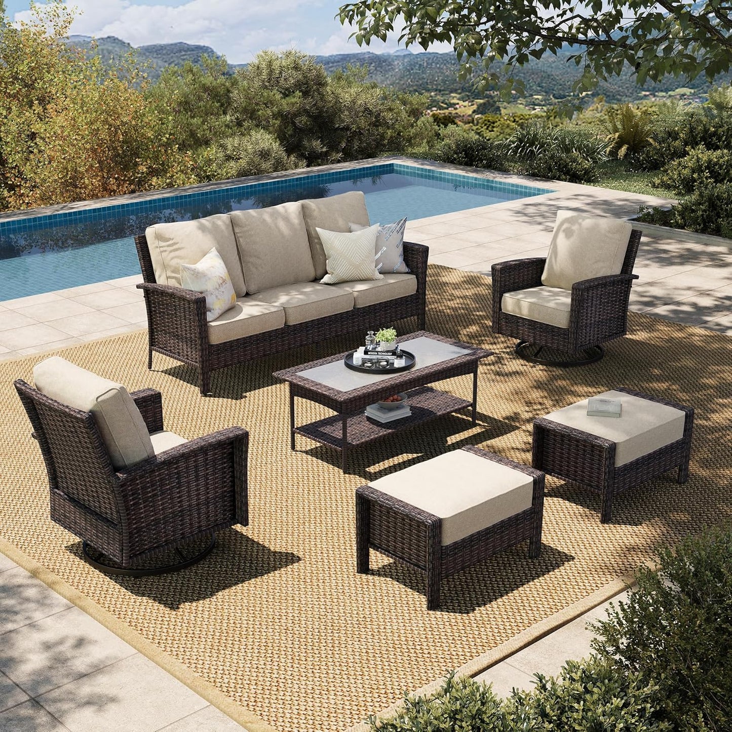 Luxury Patio Furniture Set with 5.5" Thick Cushion, Outdoor Wicker Conversation Set, 4 x High Back Swivel Patio Chairs with Tempered Glass Table, Waterproof 3-Seat Sofa for Deck Lawn Deck Yard, Beige