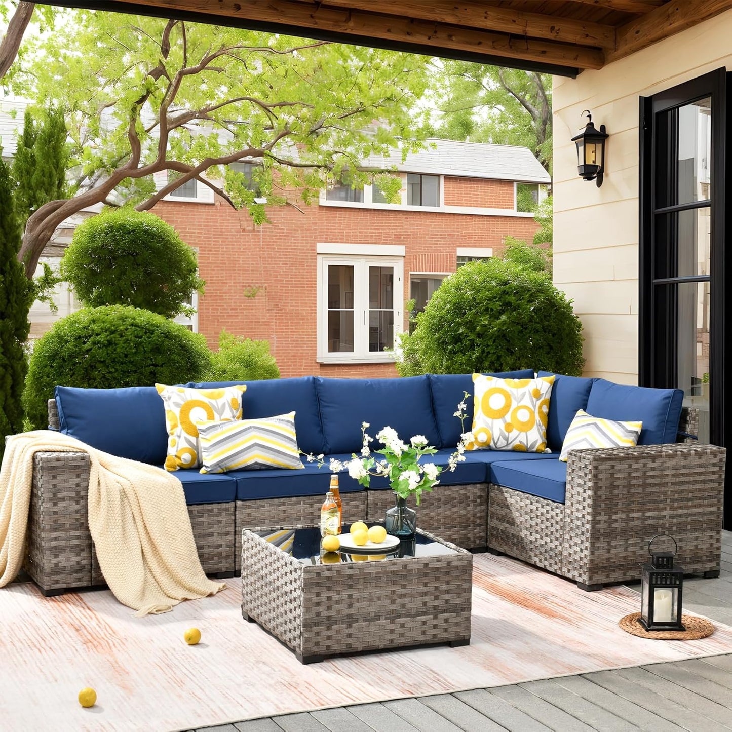 ovios 6 Pieces Patio Furniture Set, Outdoor Wicker Sectional Sofa with Glass Table Comfy Cushions, Modern Modular Deep Seat Couch Rattan Conversation Set, Denim Blue