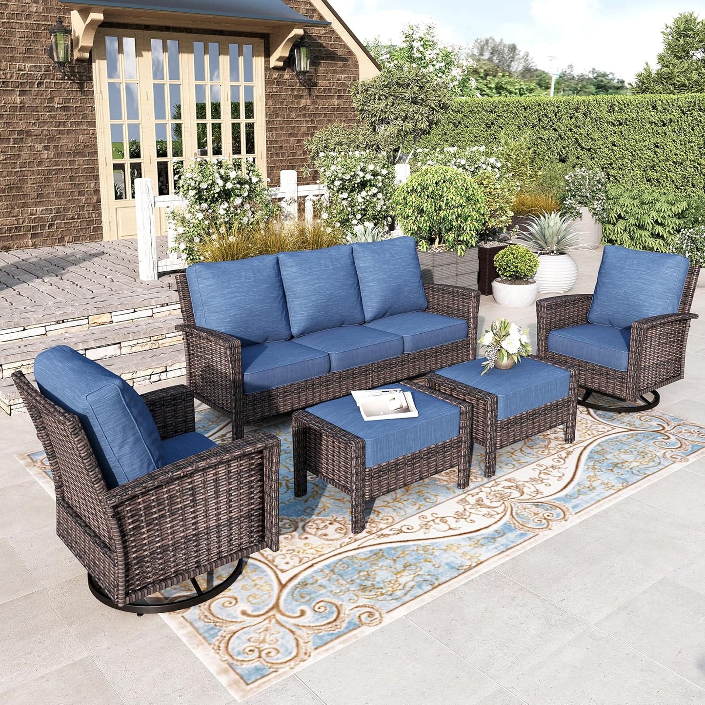 Luxury Patio Furniture Set with 5.5" Thick Cushion, Outdoor Wicker Conversation Set, 4 x High Back Swivel Patio Chairs with Tempered Glass Table, Waterproof 3-Seat Sofa for Deck Lawn Deck Yard, Beige