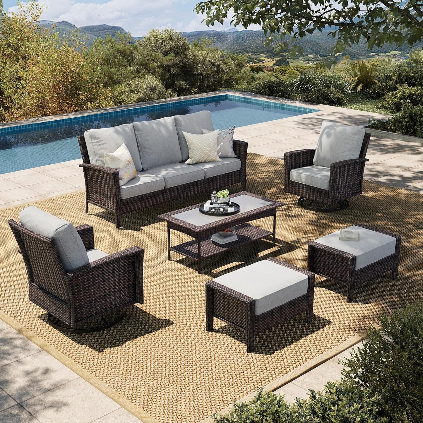 Luxury Patio Furniture Set with 5.5" Thick Cushion, Outdoor Wicker Conversation Set, 4 x High Back Swivel Patio Chairs with Tempered Glass Table, Waterproof 3-Seat Sofa for Deck Lawn Deck Yard, Beige
