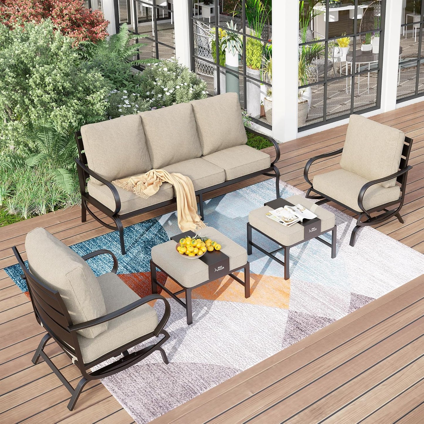 PHI VILLA 6 Piece Patio Furniture Sets with 1 x 3 Seater Padded Deep Seating Bench, 2 x Swivel Cushioned Sofa Chairs, 2 x Leg Sofa Chairs and 1 x Coffee Table, Outdoor Metal Furniture Set for 7