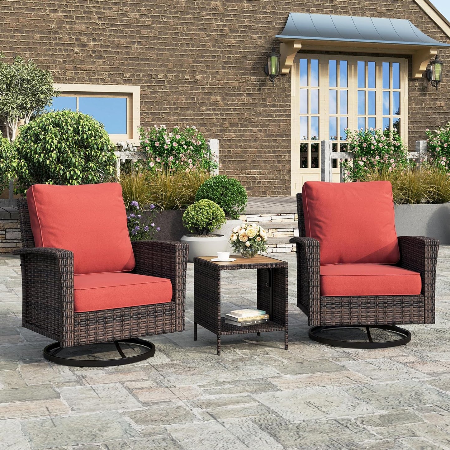 Luxury Patio Furniture Set with 5.5" Thick Cushion, Outdoor Wicker Conversation Set, 4 x High Back Swivel Patio Chairs with Tempered Glass Table, Waterproof 3-Seat Sofa for Deck Lawn Deck Yard, Beige