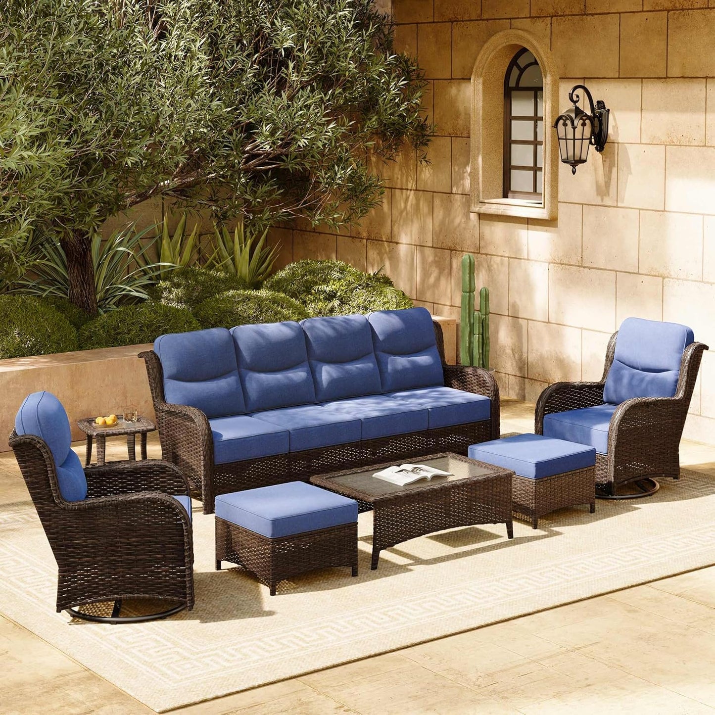HILLGA Luxury Patio Furniture Set with 6-inch Thick Cushion, Outdoor Sectional Sofa and High Back Swivel Rocker Patio Chairs, 7PCS Wicker Conversation Set for Deck Yard and Pool, Blue (V2)