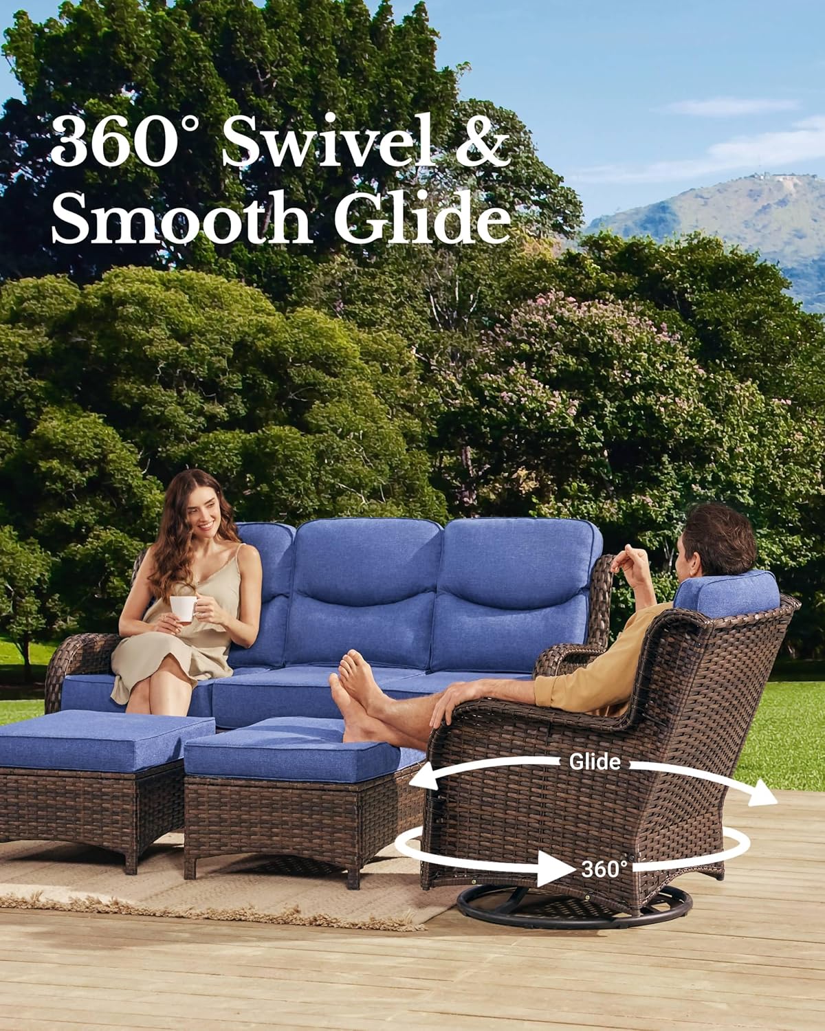 HILLGA Luxury Patio Furniture Set with 6-inch Thick Cushion, Outdoor Sectional Sofa and High Back Swivel Rocker Patio Chairs, 7PCS Wicker Conversation Set for Deck Yard and Pool, Blue (V2)