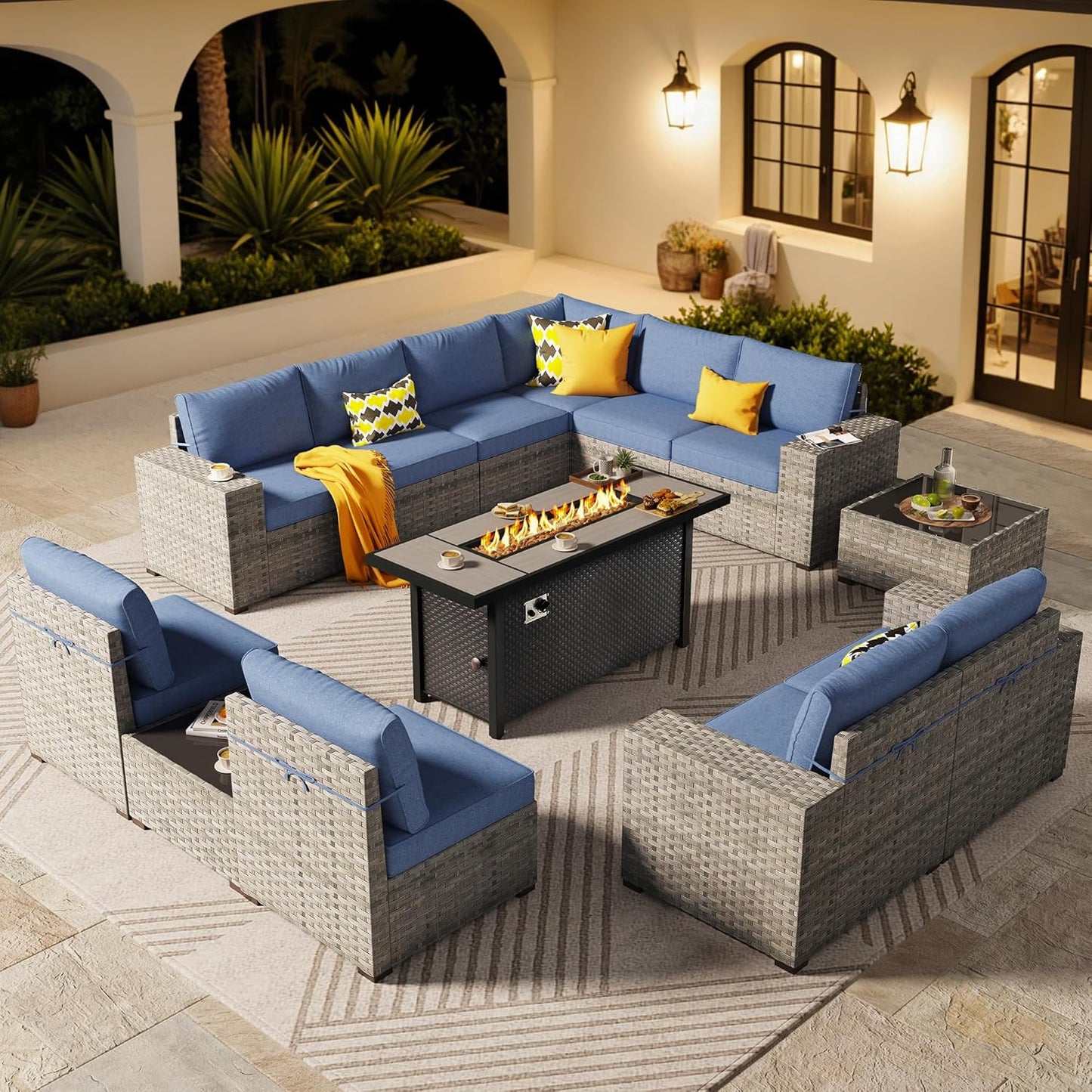 ovios 6 Pieces Patio Furniture Set, Outdoor Wicker Sectional Sofa with Glass Table Comfy Cushions, Modern Modular Deep Seat Couch Rattan Conversation Set, Denim Blue