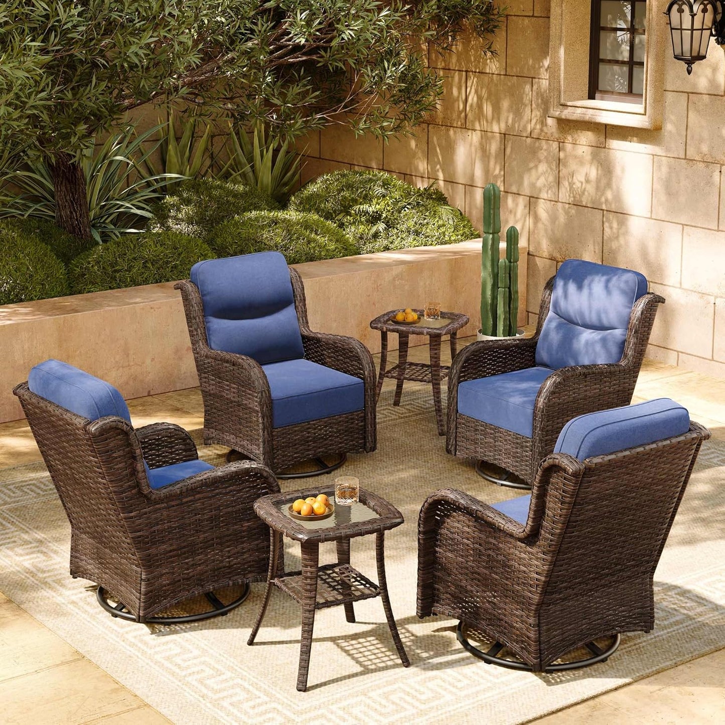 HILLGA Luxury Patio Furniture Set with 6-inch Thick Cushion, Outdoor Sectional Sofa and High Back Swivel Rocker Patio Chairs, 7PCS Wicker Conversation Set for Deck Yard and Pool, Blue (V2)
