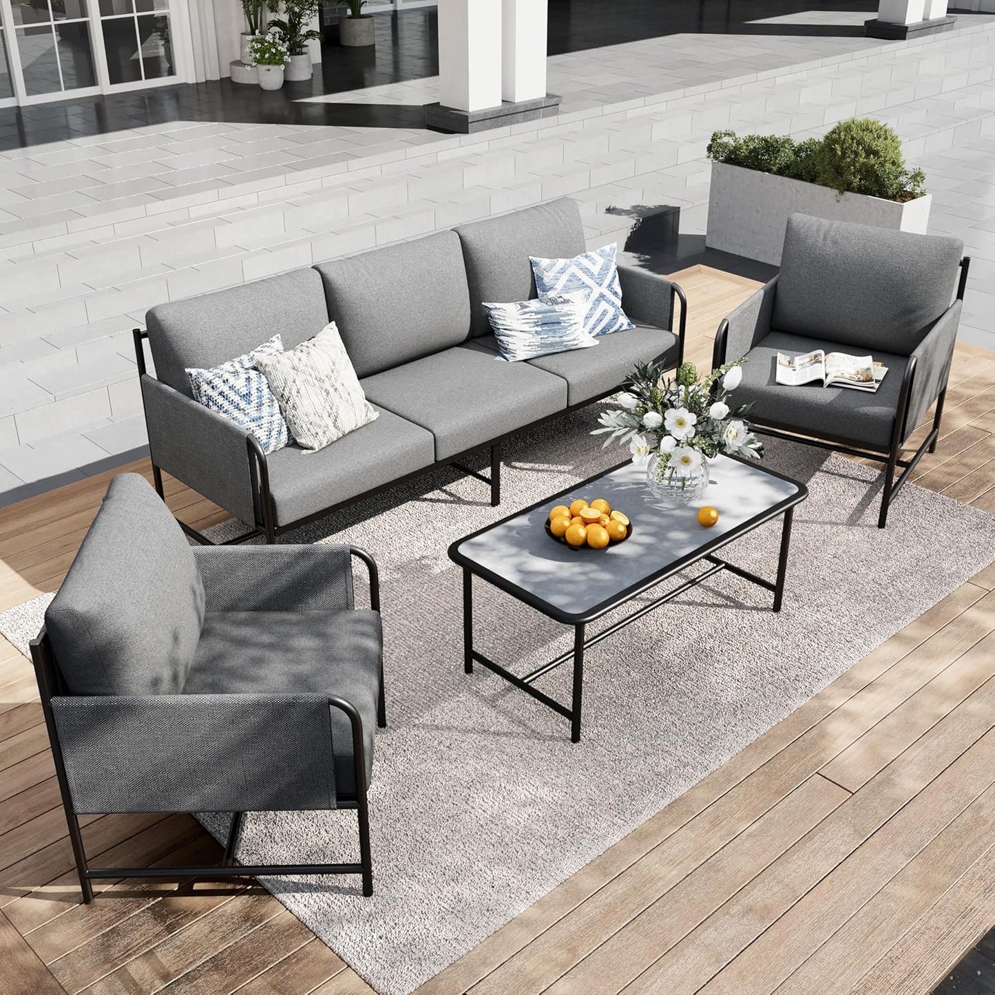 PHI VILLA 6 Pieces Outdoor Patio Furniture Set,Metal Frame Modern Outdoor Sectional Sofa Set,6 Seats Patio Conversation Sets with Coffee Table&Thickened Cushion,for Poolside and Backyard,Light Grey