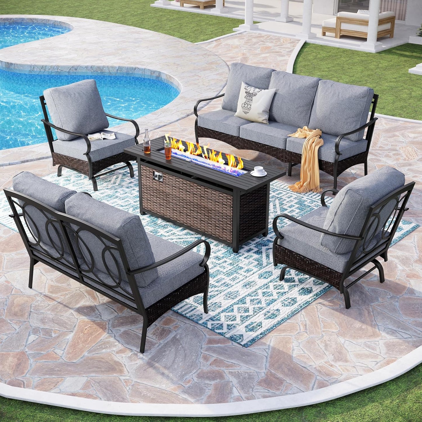 Patio Furniture Set with 56" Fire Pit Table, Premium Outdoor Wicker Metal Frame Furniture with Upgraded Waterproof Thick Cushions for Porch, Poolside, Deck, and Yard (4 Pieces,Red