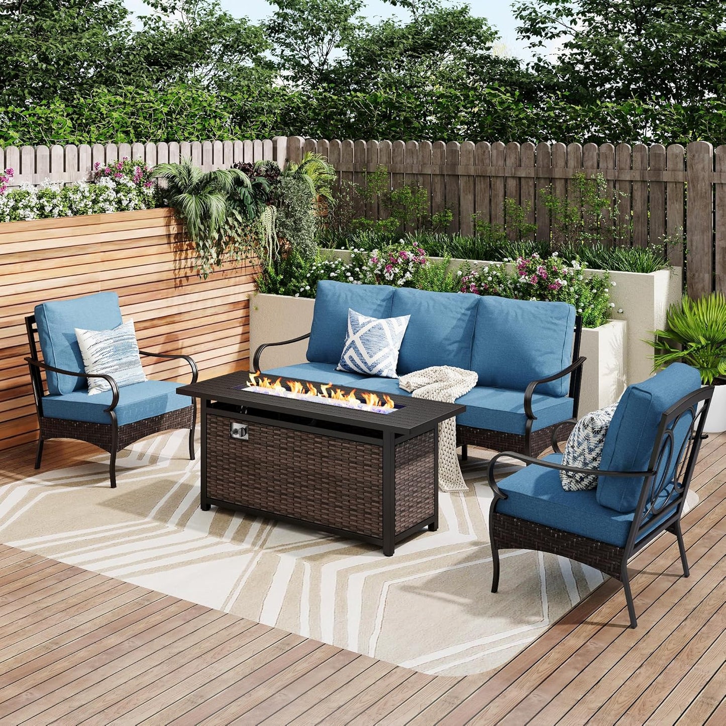 Patio Furniture Set with 56" Fire Pit Table, Premium Outdoor Wicker Metal Frame Furniture with Upgraded Waterproof Thick Cushions for Porch, Poolside, Deck, and Yard (4 Pieces,Red