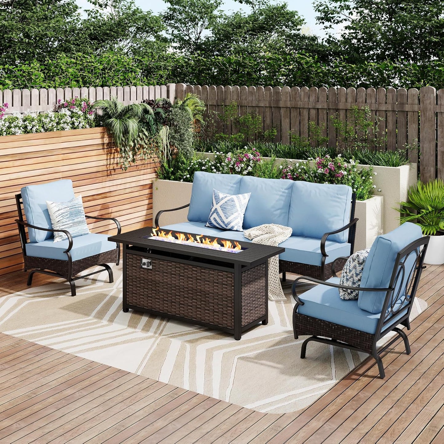 Patio Furniture Set with 56" Fire Pit Table, Premium Outdoor Wicker Metal Frame Furniture with Upgraded Waterproof Thick Cushions for Porch, Poolside, Deck, and Yard (4 Pieces,Red