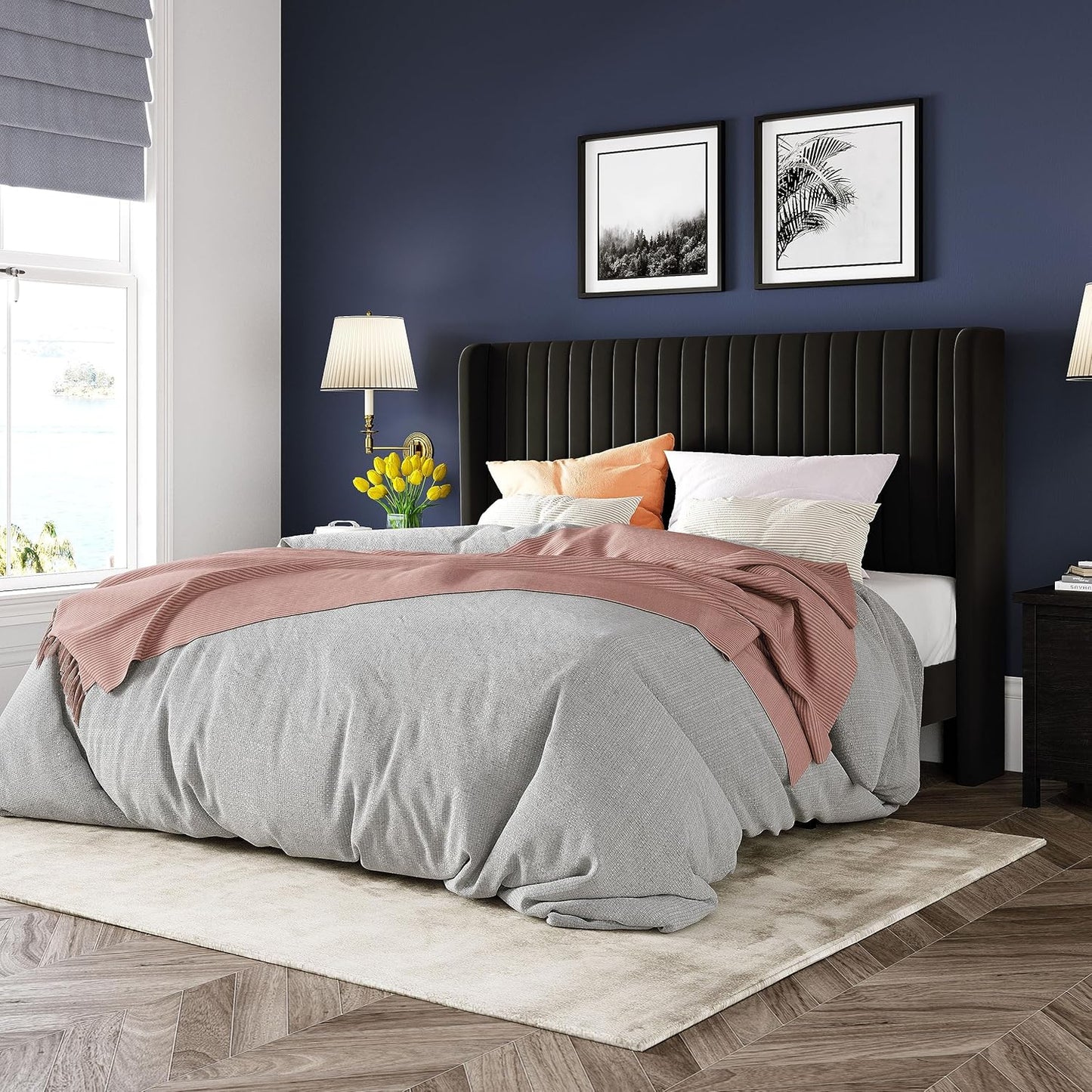 Allewie Queen Size Velvet Bed Frame/Vertical Channel Tufted Wingback Headboard/Upholstered Platform Bed/Strong Wooden Slats/No Box Spring Needed/Easy Assembly/White