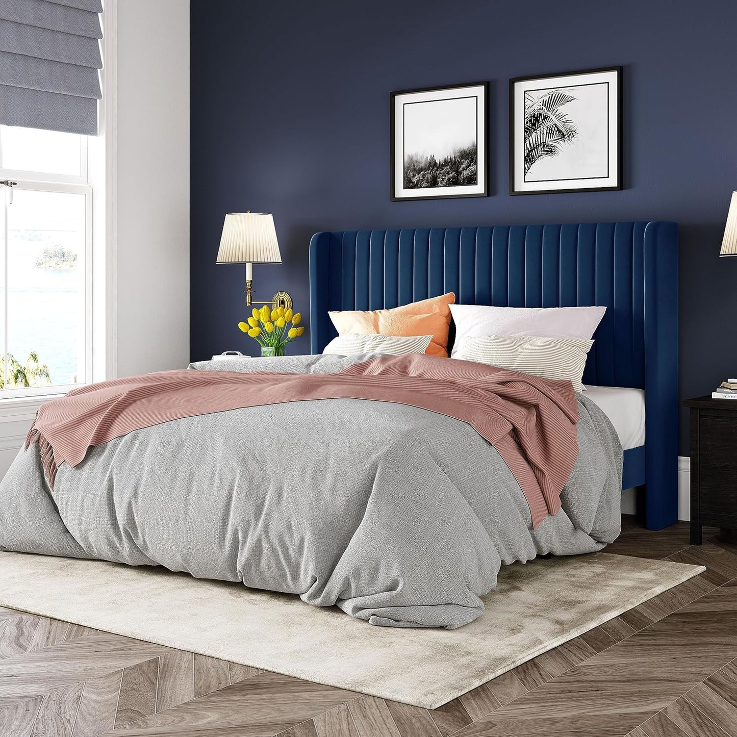Allewie Queen Size Velvet Bed Frame/Vertical Channel Tufted Wingback Headboard/Upholstered Platform Bed/Strong Wooden Slats/No Box Spring Needed/Easy Assembly/White