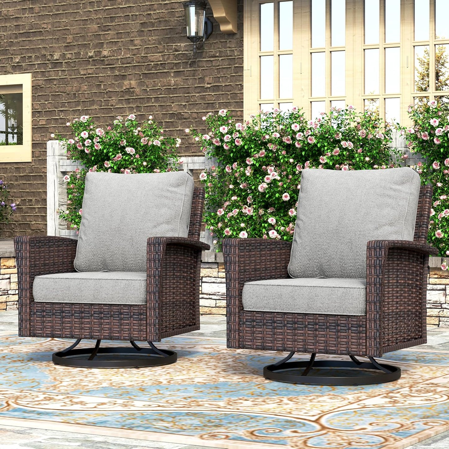 Luxury Patio Furniture Set with 5.5" Thick Cushion, Outdoor Wicker Conversation Set, 4 x High Back Swivel Patio Chairs with Tempered Glass Table, Waterproof 3-Seat Sofa for Deck Lawn Deck Yard, Beige