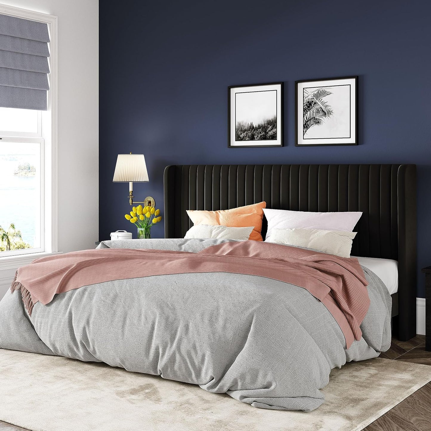 Allewie Queen Size Velvet Bed Frame/Vertical Channel Tufted Wingback Headboard/Upholstered Platform Bed/Strong Wooden Slats/No Box Spring Needed/Easy Assembly/White