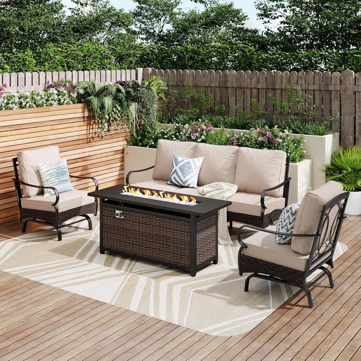 Patio Furniture Set with 56" Fire Pit Table, Premium Outdoor Wicker Metal Frame Furniture with Upgraded Waterproof Thick Cushions for Porch, Poolside, Deck, and Yard (4 Pieces,Red