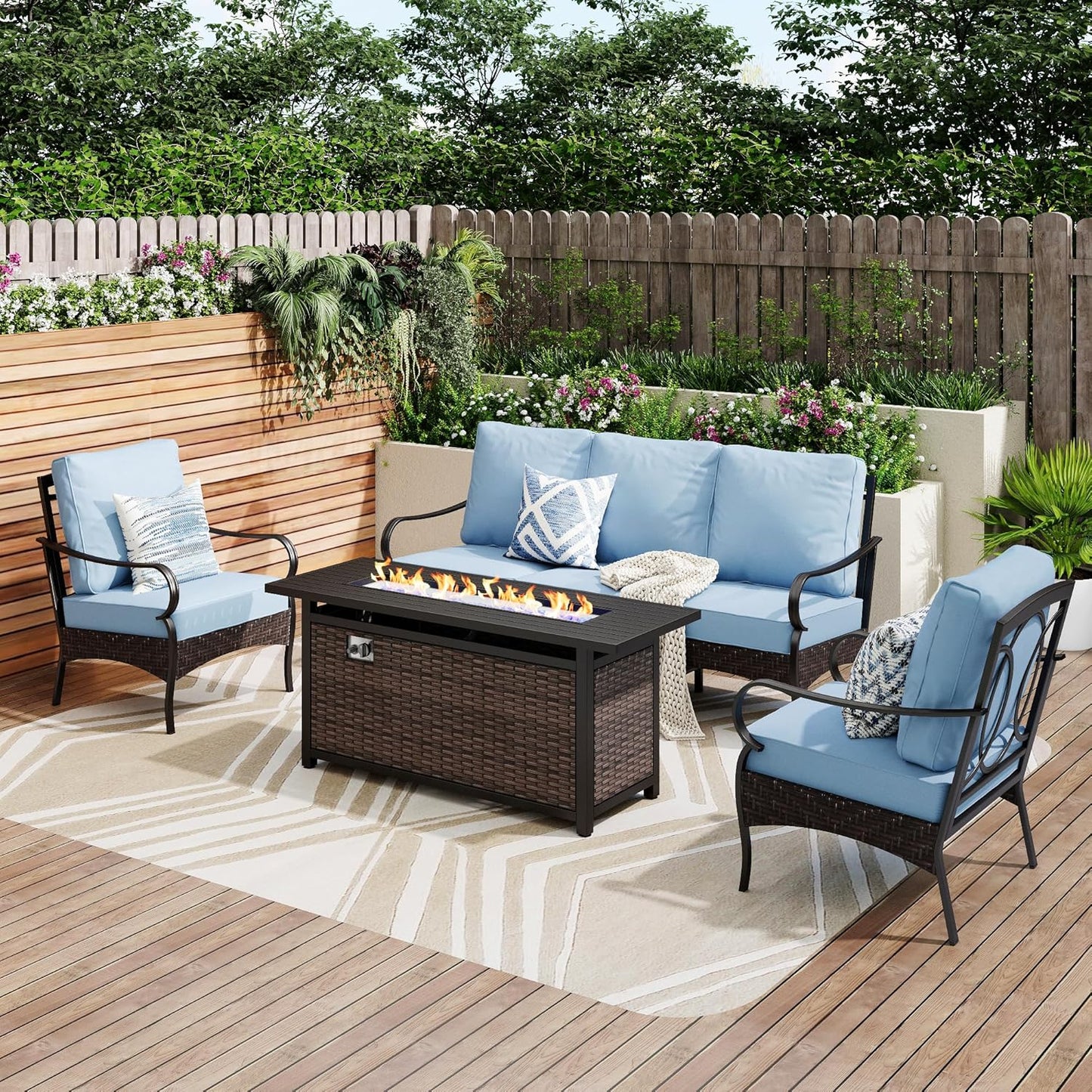 Patio Furniture Set with 56" Fire Pit Table, Premium Outdoor Wicker Metal Frame Furniture with Upgraded Waterproof Thick Cushions for Porch, Poolside, Deck, and Yard (4 Pieces,Red
