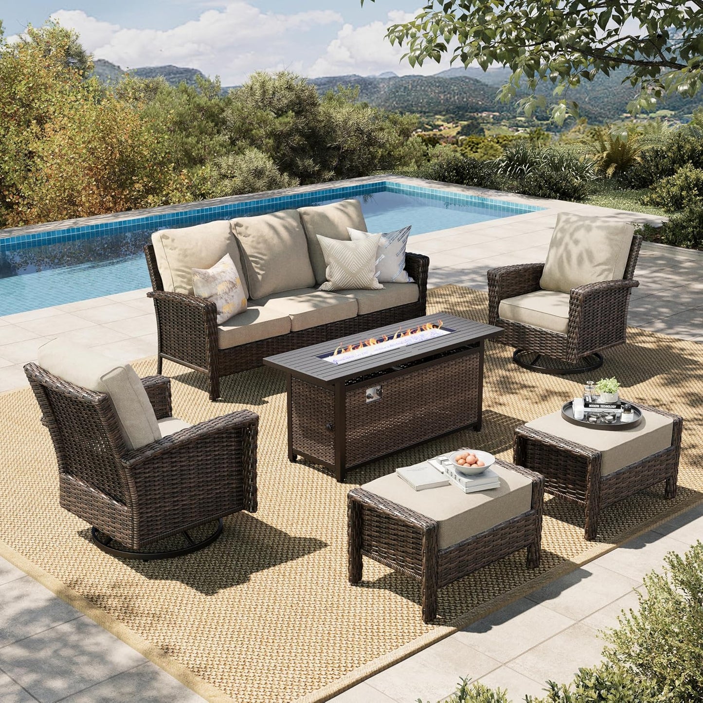Luxury Patio Furniture Set with 5.5" Thick Cushion, Outdoor Wicker Conversation Set, 4 x High Back Swivel Patio Chairs with Tempered Glass Table, Waterproof 3-Seat Sofa for Deck Lawn Deck Yard, Beige