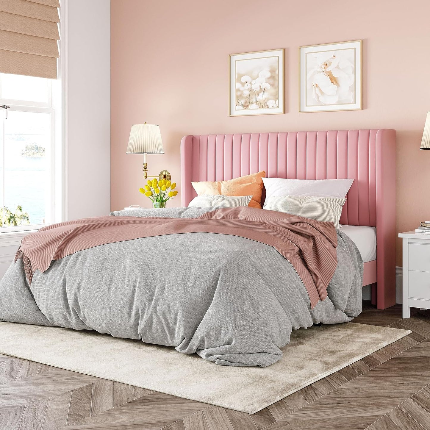 Allewie Queen Size Velvet Bed Frame/Vertical Channel Tufted Wingback Headboard/Upholstered Platform Bed/Strong Wooden Slats/No Box Spring Needed/Easy Assembly/White