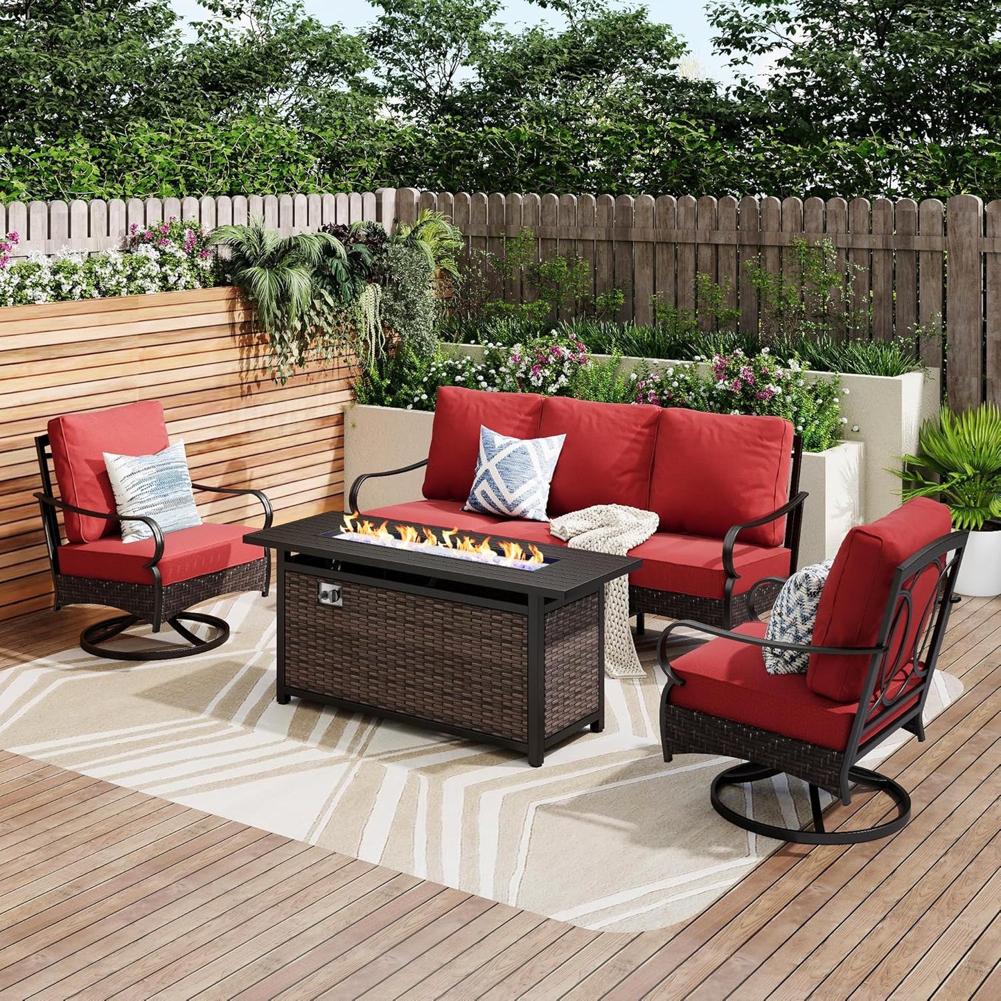 Patio Furniture Set with 56" Fire Pit Table, Premium Outdoor Wicker Metal Frame Furniture with Upgraded Waterproof Thick Cushions for Porch, Poolside, Deck, and Yard (4 Pieces,Red