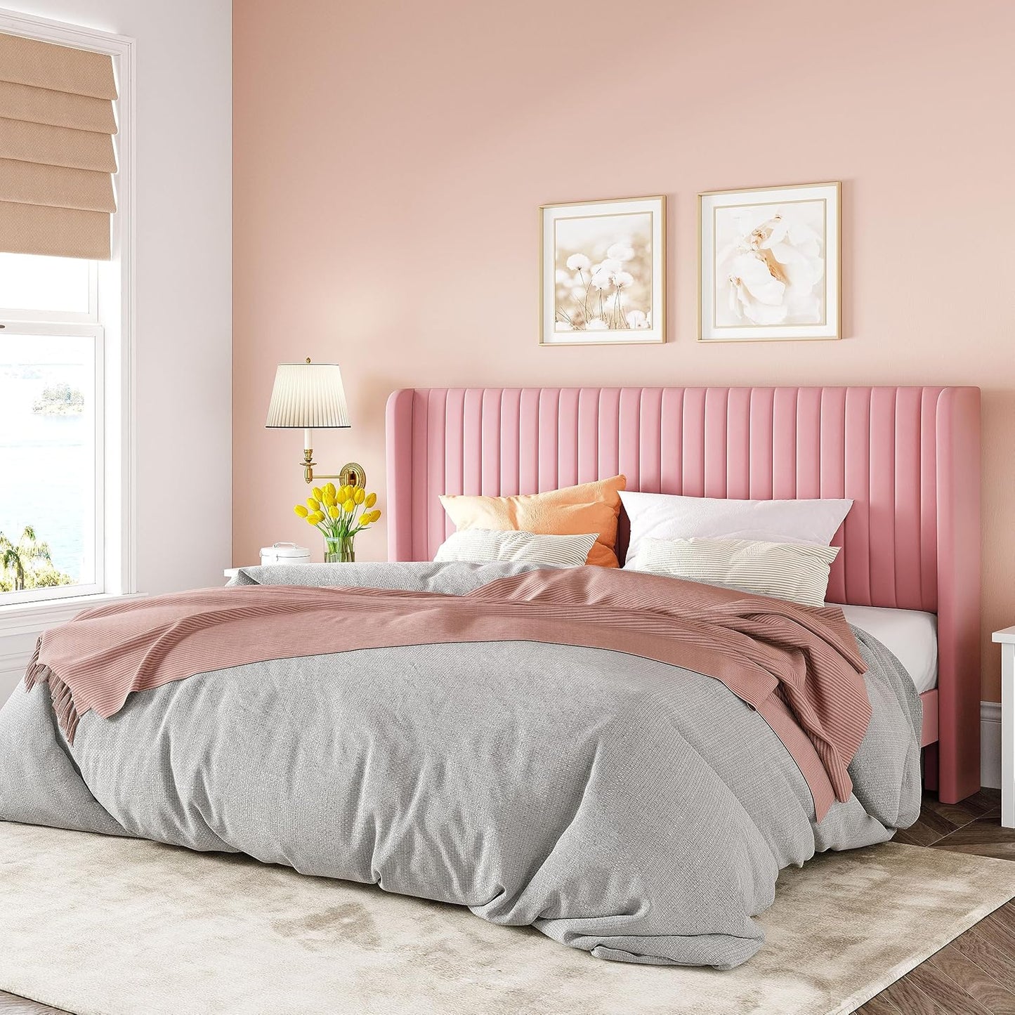 Allewie Queen Size Velvet Bed Frame/Vertical Channel Tufted Wingback Headboard/Upholstered Platform Bed/Strong Wooden Slats/No Box Spring Needed/Easy Assembly/White