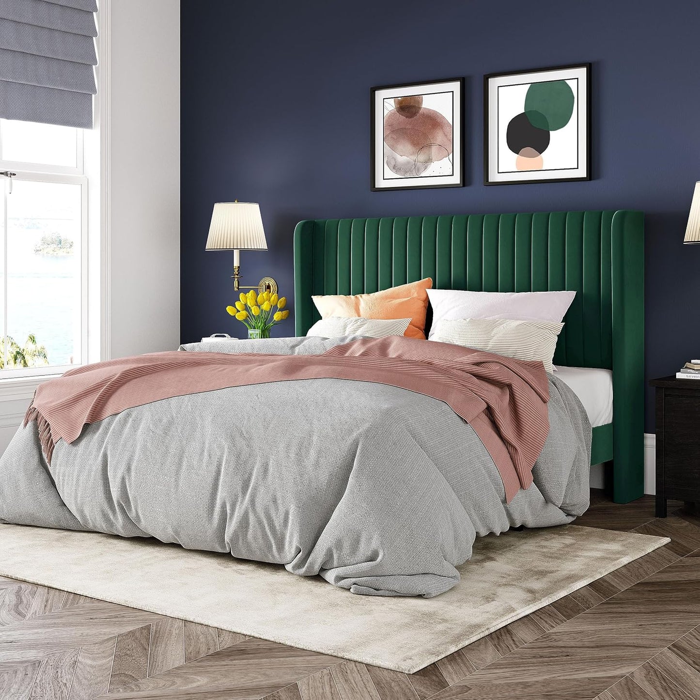 Allewie Queen Size Velvet Bed Frame/Vertical Channel Tufted Wingback Headboard/Upholstered Platform Bed/Strong Wooden Slats/No Box Spring Needed/Easy Assembly/White