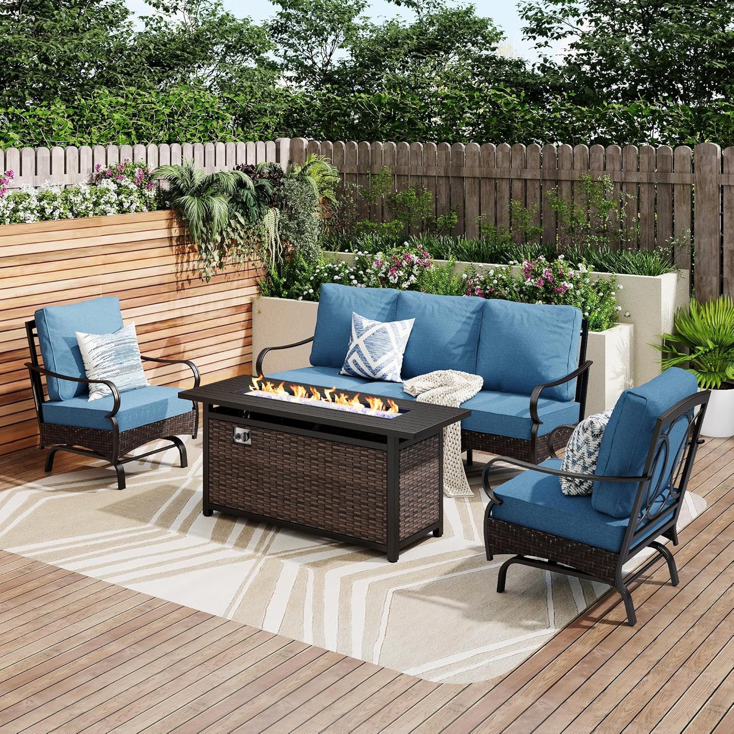 Patio Furniture Set with 56" Fire Pit Table, Premium Outdoor Wicker Metal Frame Furniture with Upgraded Waterproof Thick Cushions for Porch, Poolside, Deck, and Yard (4 Pieces,Red