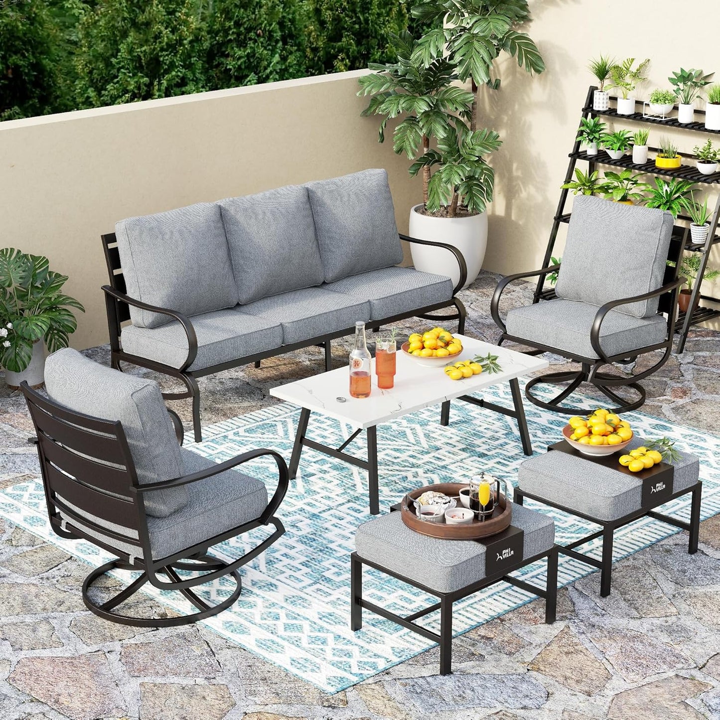 PHI VILLA 6 Piece Patio Furniture Sets with 1 x 3 Seater Padded Deep Seating Bench, 2 x Swivel Cushioned Sofa Chairs, 2 x Leg Sofa Chairs and 1 x Coffee Table, Outdoor Metal Furniture Set for 7
