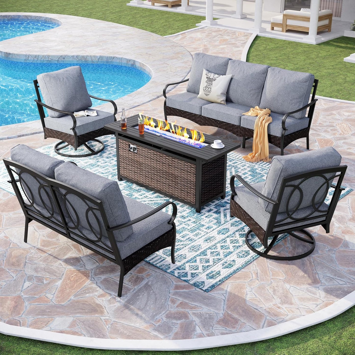Patio Furniture Set with 56" Fire Pit Table, Premium Outdoor Wicker Metal Frame Furniture with Upgraded Waterproof Thick Cushions for Porch, Poolside, Deck, and Yard (4 Pieces,Red