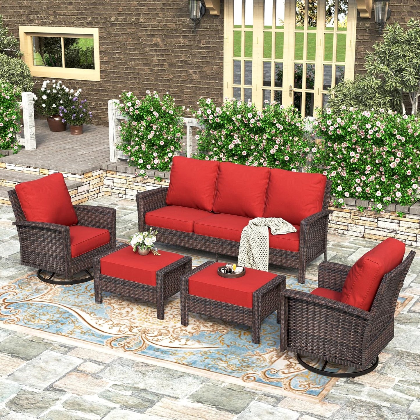 Luxury Patio Furniture Set with 5.5" Thick Cushion, Outdoor Wicker Conversation Set, 4 x High Back Swivel Patio Chairs with Tempered Glass Table, Waterproof 3-Seat Sofa for Deck Lawn Deck Yard, Beige