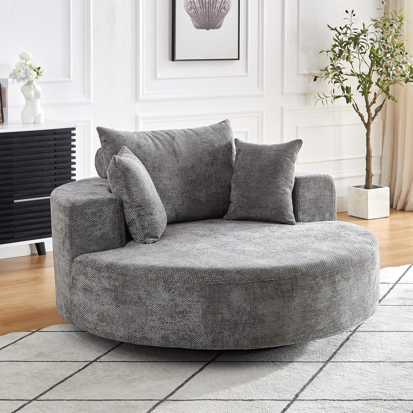 KEIKI 55" Oversized Swivel Accent Chair, Large Barrel Chairs Upholstered Round Swivel Chair, Chenille Single Sofa Armchair, Sleeper Chair for Living Room, Lounge, Beige