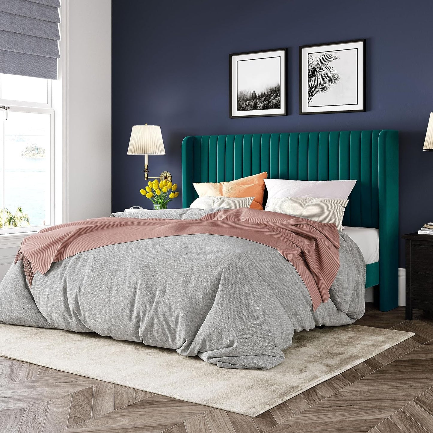 Allewie Queen Size Velvet Bed Frame/Vertical Channel Tufted Wingback Headboard/Upholstered Platform Bed/Strong Wooden Slats/No Box Spring Needed/Easy Assembly/White