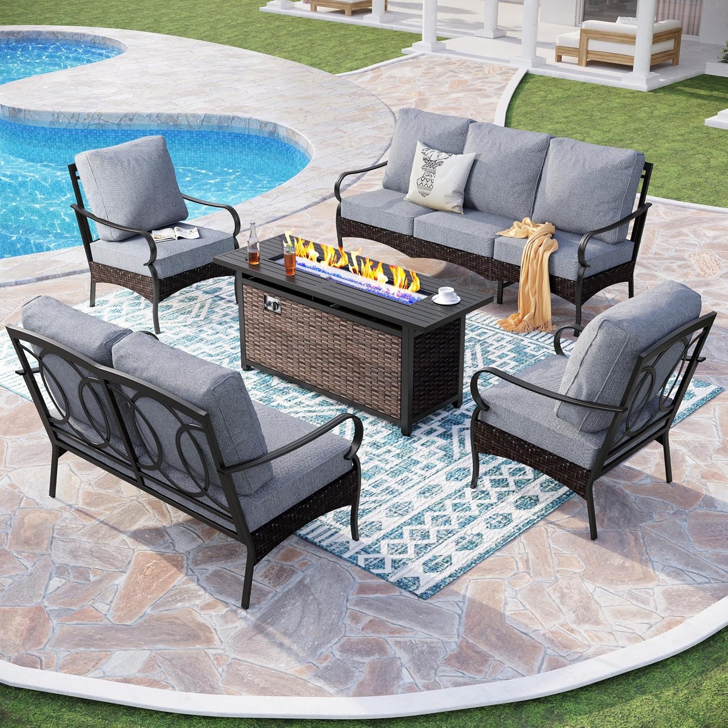 Patio Furniture Set with 56" Fire Pit Table, Premium Outdoor Wicker Metal Frame Furniture with Upgraded Waterproof Thick Cushions for Porch, Poolside, Deck, and Yard (4 Pieces,Red