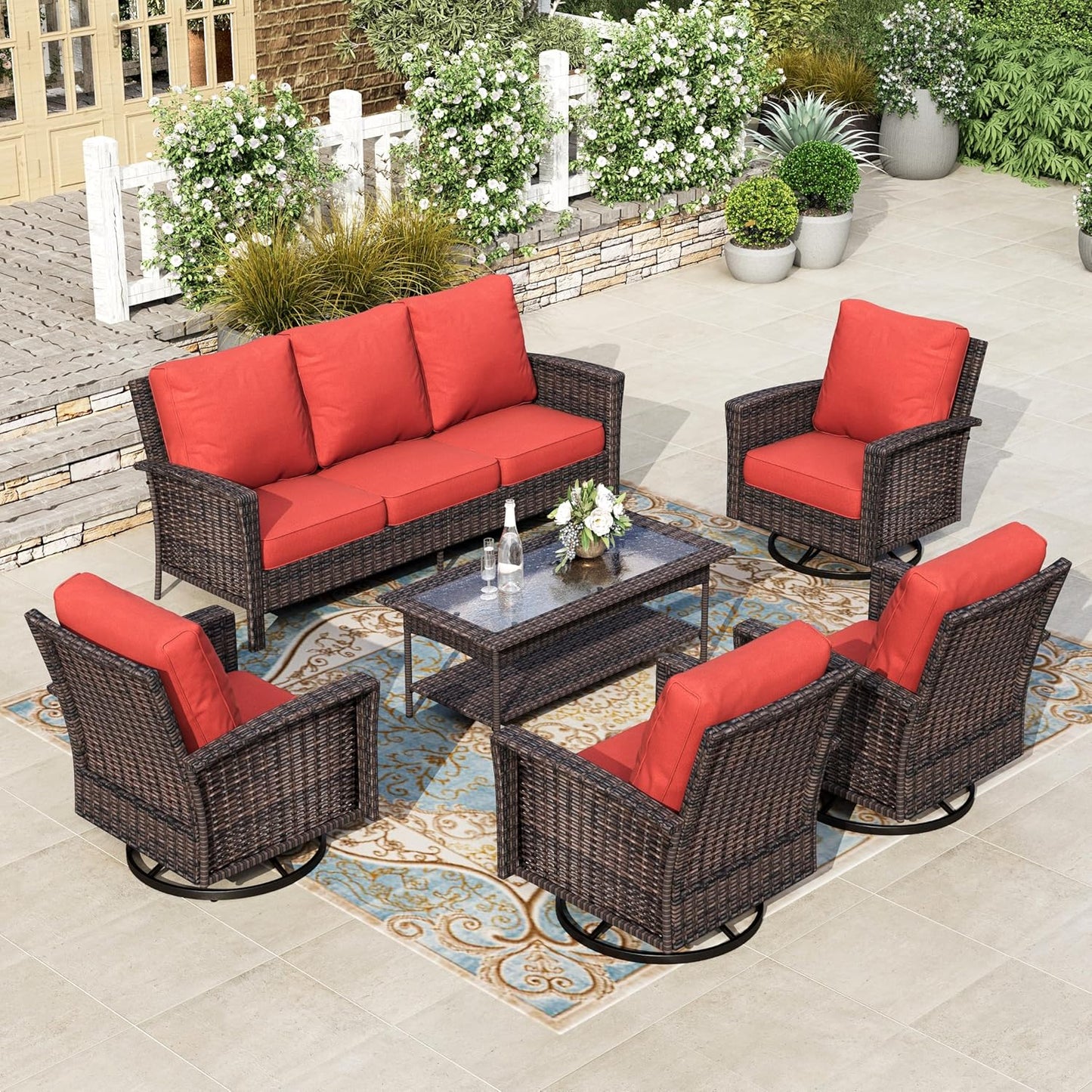 Luxury Patio Furniture Set with 5.5" Thick Cushion, Outdoor Wicker Conversation Set, 4 x High Back Swivel Patio Chairs with Tempered Glass Table, Waterproof 3-Seat Sofa for Deck Lawn Deck Yard, Beige