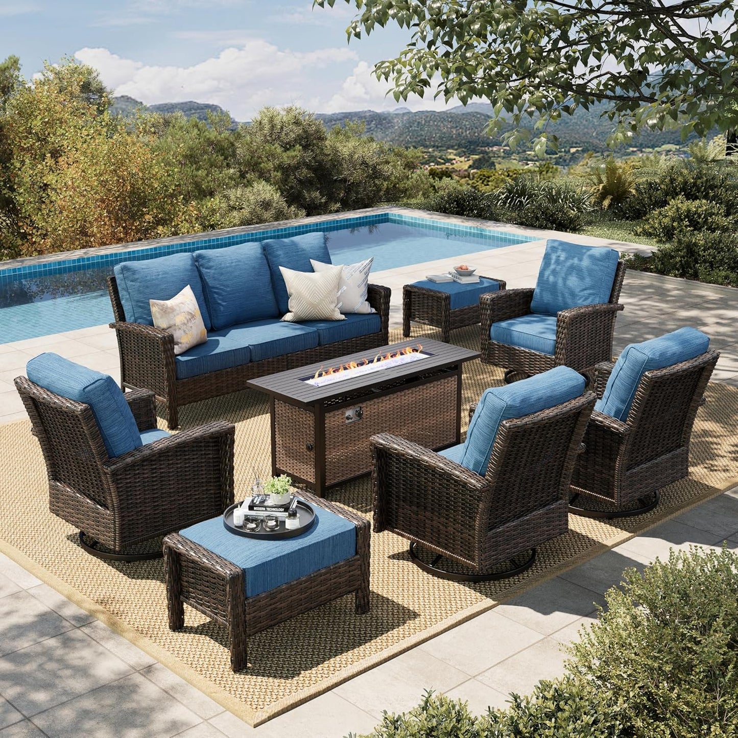Luxury Patio Furniture Set with 5.5" Thick Cushion, Outdoor Wicker Conversation Set, 4 x High Back Swivel Patio Chairs with Tempered Glass Table, Waterproof 3-Seat Sofa for Deck Lawn Deck Yard, Beige