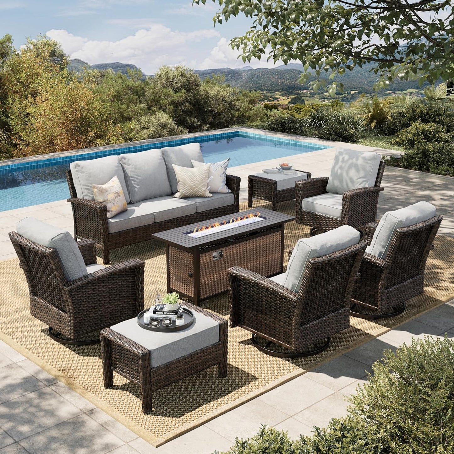 Luxury Patio Furniture Set with 5.5" Thick Cushion, Outdoor Wicker Conversation Set, 4 x High Back Swivel Patio Chairs with Tempered Glass Table, Waterproof 3-Seat Sofa for Deck Lawn Deck Yard, Beige