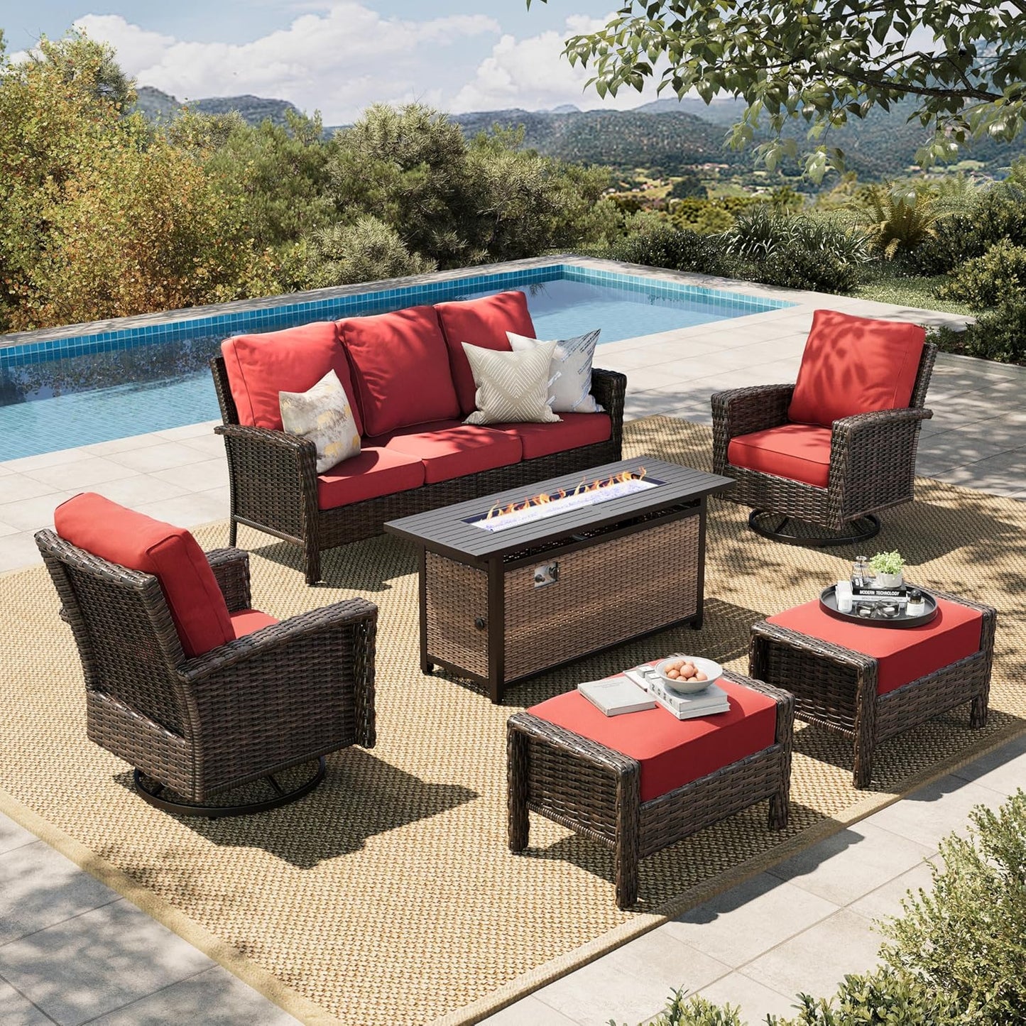 Luxury Patio Furniture Set with 5.5" Thick Cushion, Outdoor Wicker Conversation Set, 4 x High Back Swivel Patio Chairs with Tempered Glass Table, Waterproof 3-Seat Sofa for Deck Lawn Deck Yard, Beige