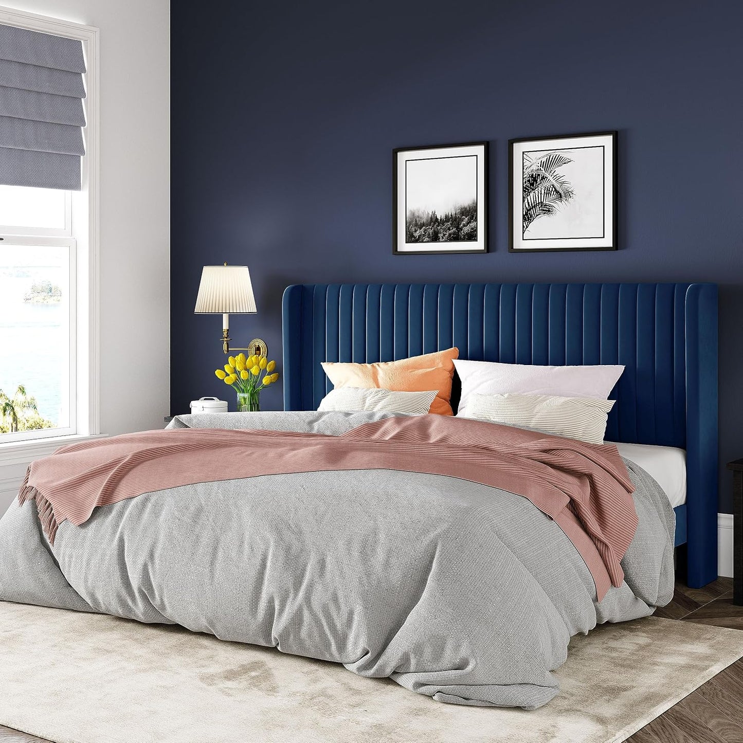 Allewie Queen Size Velvet Bed Frame/Vertical Channel Tufted Wingback Headboard/Upholstered Platform Bed/Strong Wooden Slats/No Box Spring Needed/Easy Assembly/White