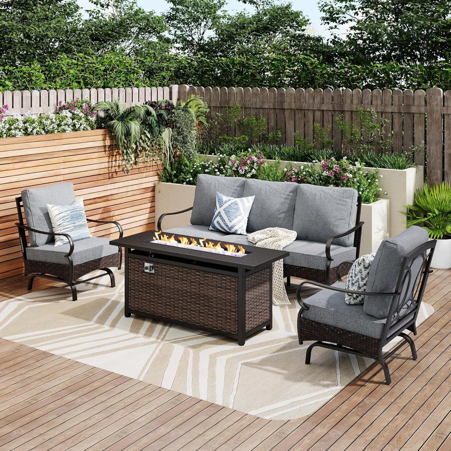 Patio Furniture Set with 56" Fire Pit Table, Premium Outdoor Wicker Metal Frame Furniture with Upgraded Waterproof Thick Cushions for Porch, Poolside, Deck, and Yard (4 Pieces,Red