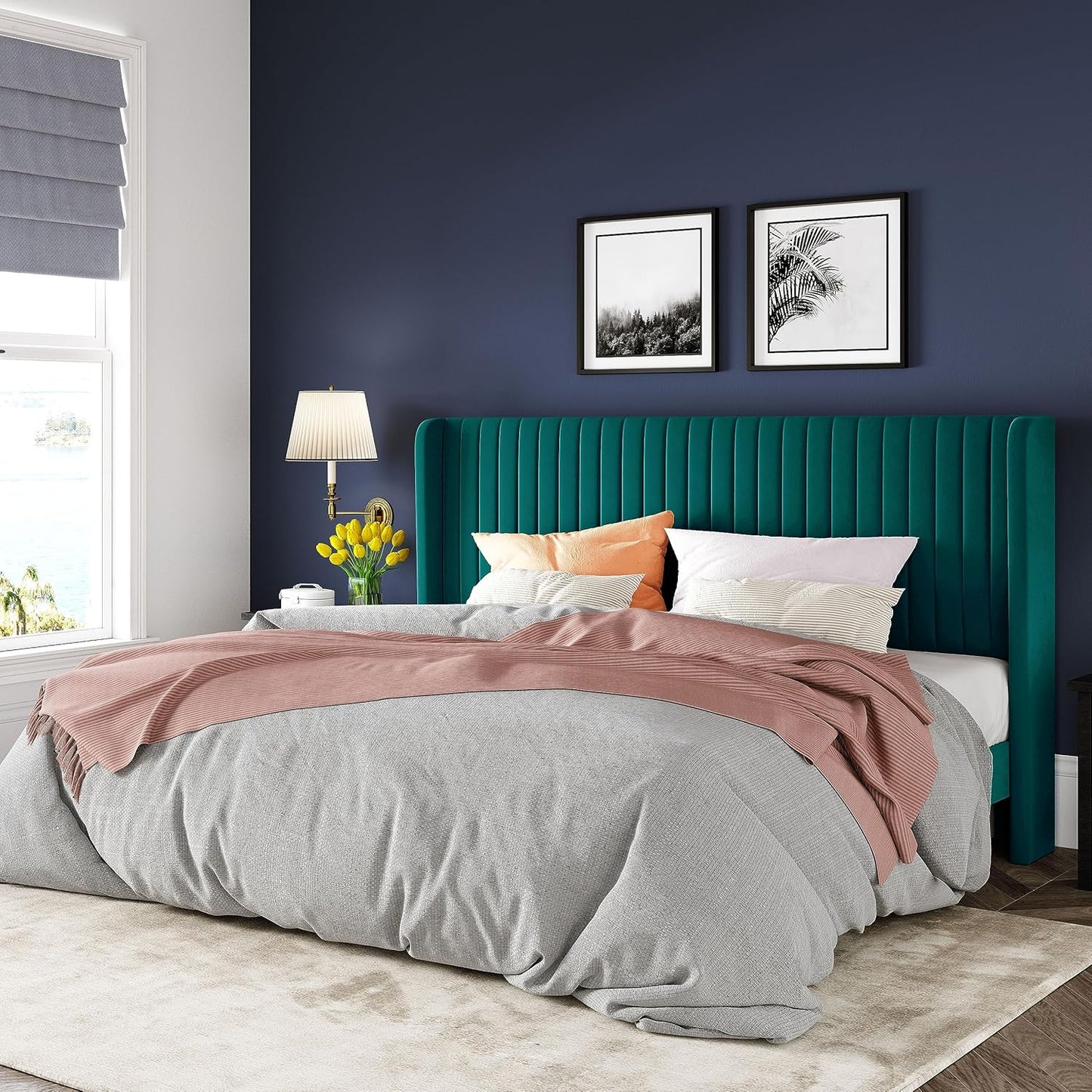 Allewie Queen Size Velvet Bed Frame/Vertical Channel Tufted Wingback Headboard/Upholstered Platform Bed/Strong Wooden Slats/No Box Spring Needed/Easy Assembly/White