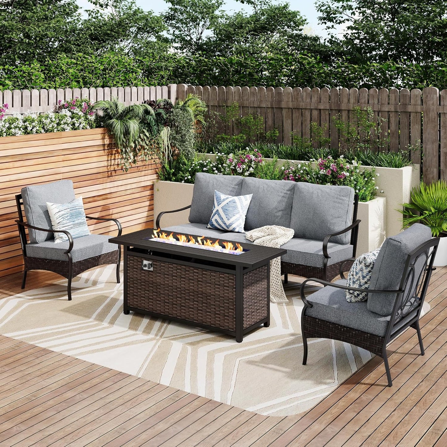 Patio Furniture Set with 56" Fire Pit Table, Premium Outdoor Wicker Metal Frame Furniture with Upgraded Waterproof Thick Cushions for Porch, Poolside, Deck, and Yard (4 Pieces,Red