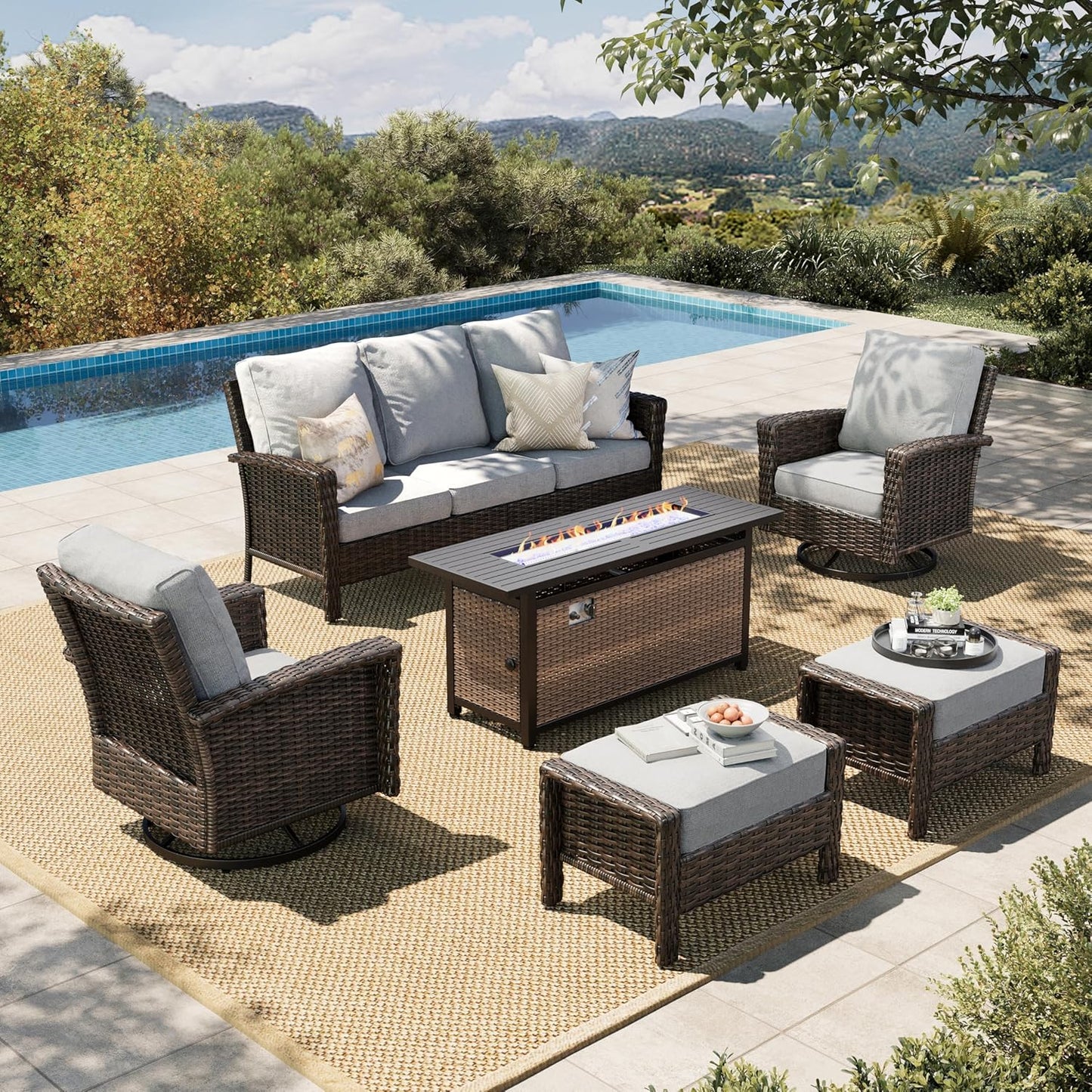 Luxury Patio Furniture Set with 5.5" Thick Cushion, Outdoor Wicker Conversation Set, 4 x High Back Swivel Patio Chairs with Tempered Glass Table, Waterproof 3-Seat Sofa for Deck Lawn Deck Yard, Beige