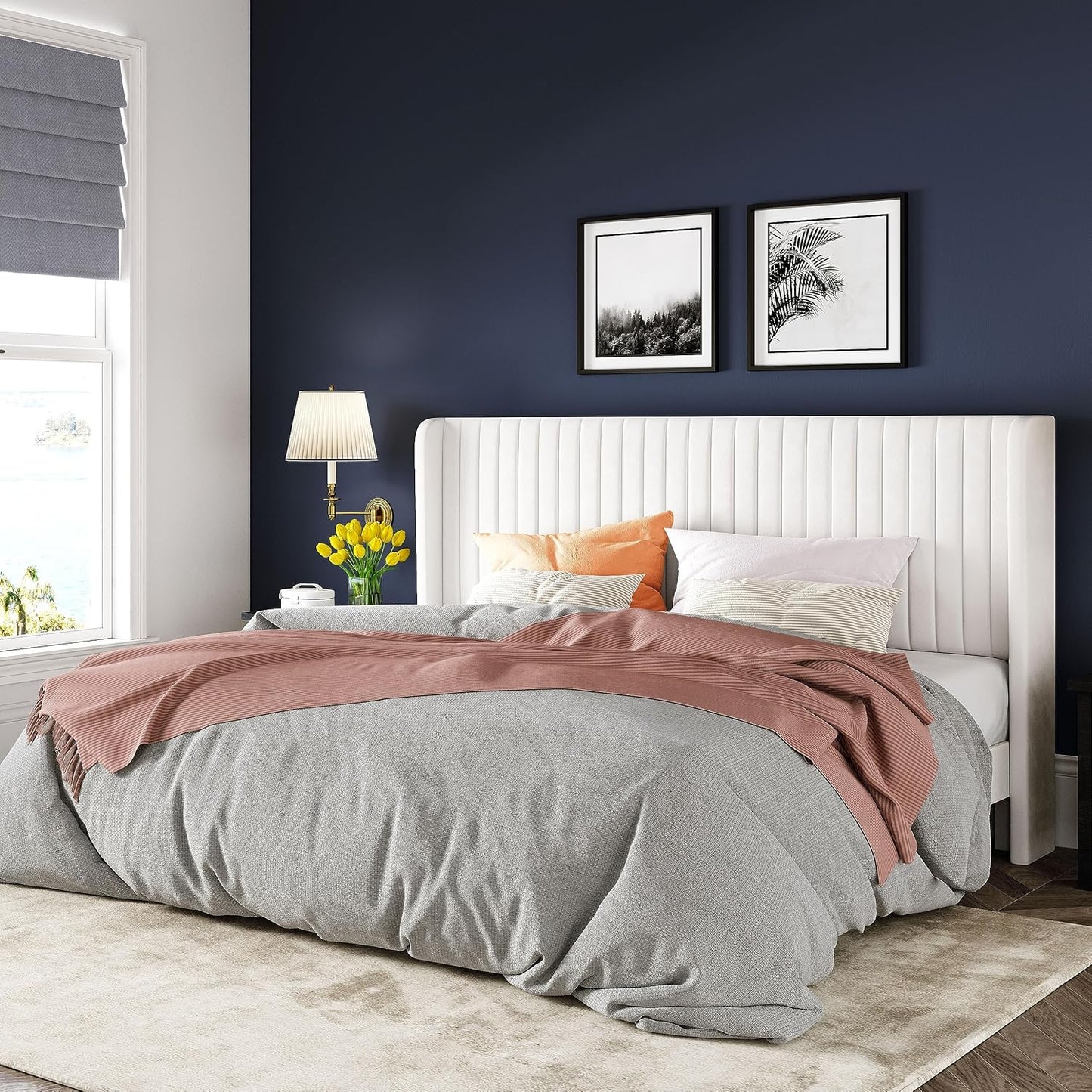 Allewie Queen Size Velvet Bed Frame/Vertical Channel Tufted Wingback Headboard/Upholstered Platform Bed/Strong Wooden Slats/No Box Spring Needed/Easy Assembly/White