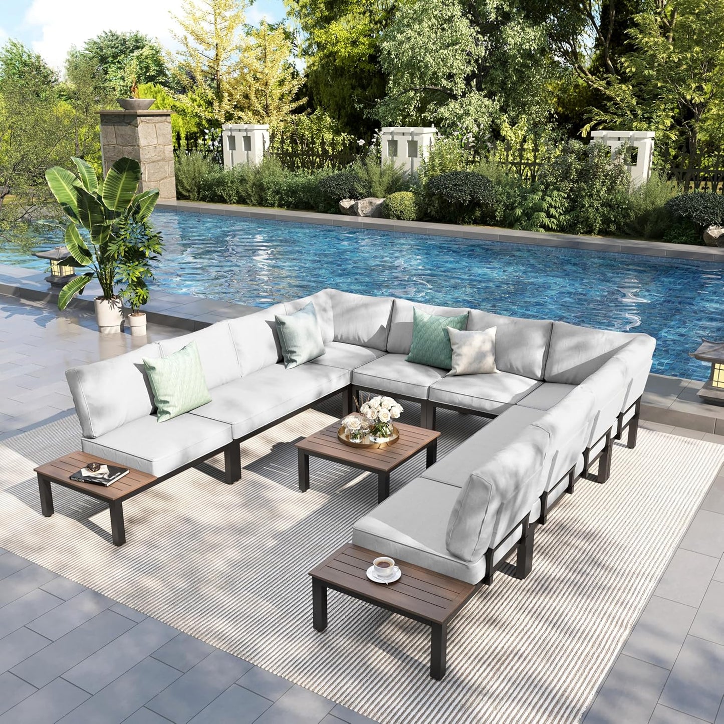 PHI VILLA 6 Pieces Outdoor Patio Furniture Set,Metal Frame Modern Outdoor Sectional Sofa Set,6 Seats Patio Conversation Sets with Coffee Table&Thickened Cushion,for Poolside and Backyard,Light Grey