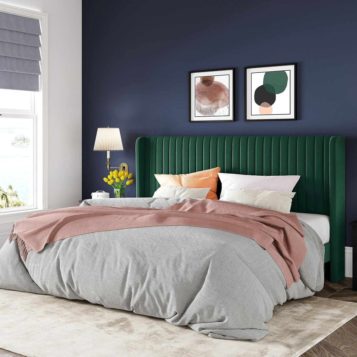 Allewie Queen Size Velvet Bed Frame/Vertical Channel Tufted Wingback Headboard/Upholstered Platform Bed/Strong Wooden Slats/No Box Spring Needed/Easy Assembly/White