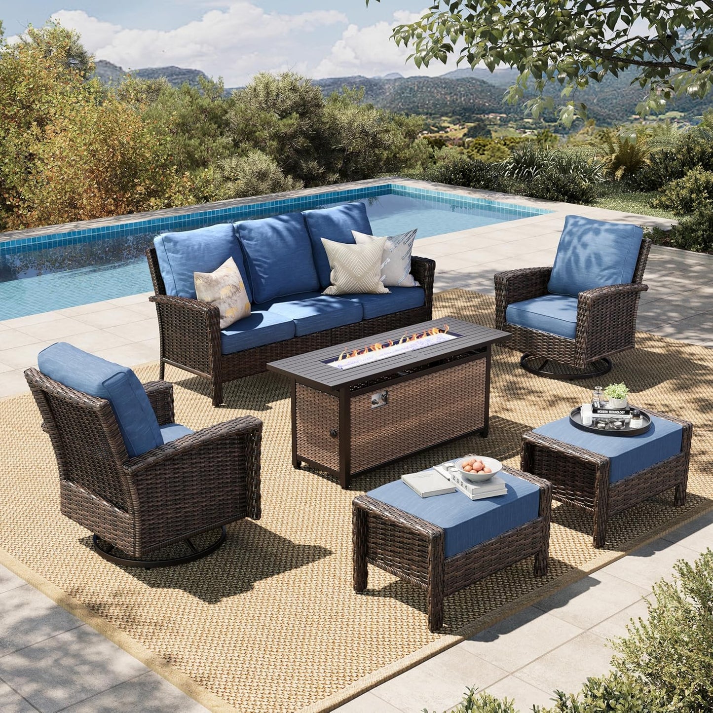 Luxury Patio Furniture Set with 5.5" Thick Cushion, Outdoor Wicker Conversation Set, 4 x High Back Swivel Patio Chairs with Tempered Glass Table, Waterproof 3-Seat Sofa for Deck Lawn Deck Yard, Beige