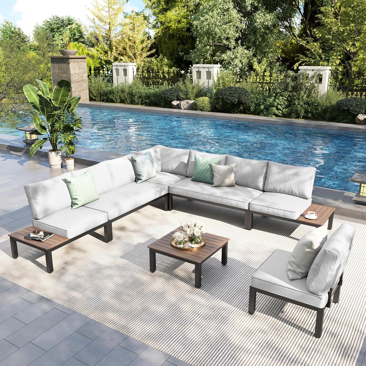 PHI VILLA 6 Pieces Outdoor Patio Furniture Set,Metal Frame Modern Outdoor Sectional Sofa Set,6 Seats Patio Conversation Sets with Coffee Table&Thickened Cushion,for Poolside and Backyard,Light Grey