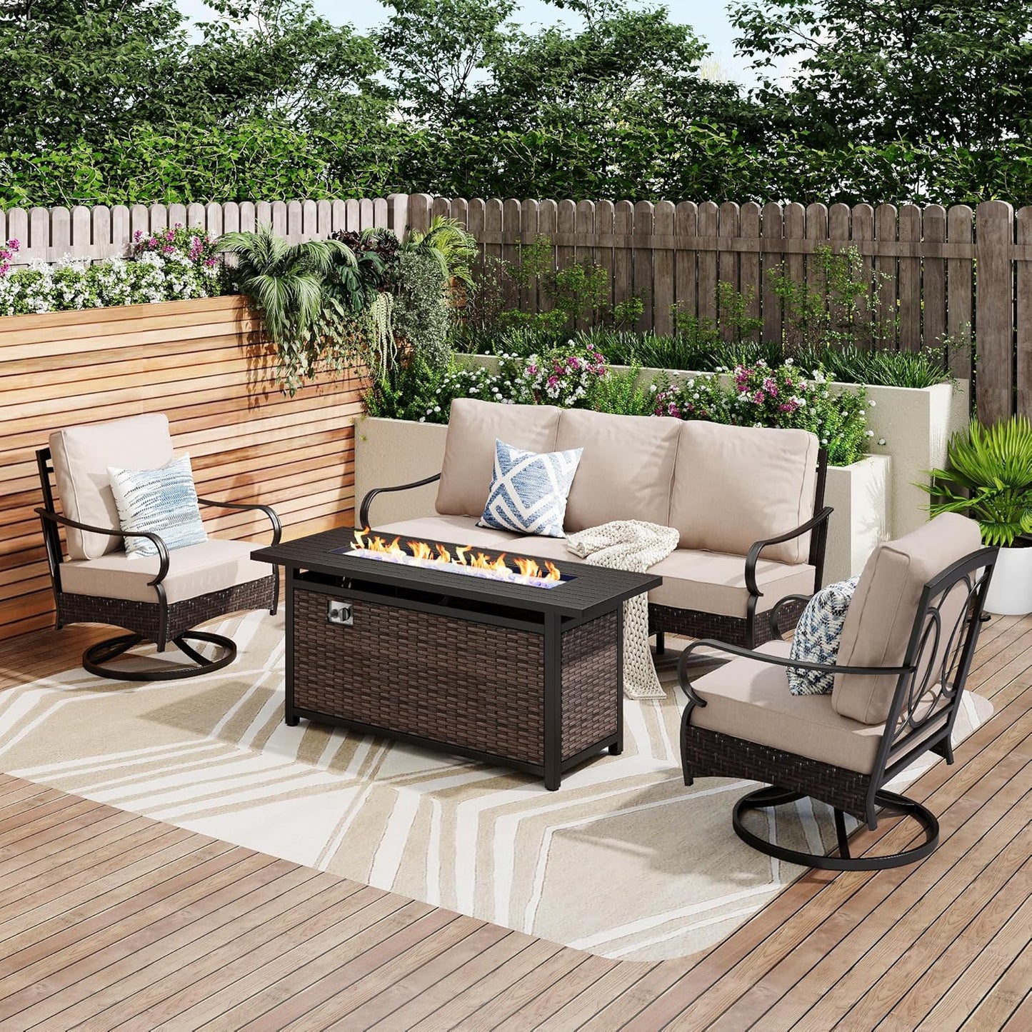 Patio Furniture Set with 56" Fire Pit Table, Premium Outdoor Wicker Metal Frame Furniture with Upgraded Waterproof Thick Cushions for Porch, Poolside, Deck, and Yard (4 Pieces,Red