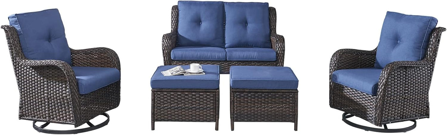 Rilyson Wicker Rocking Chair Swivel Chairs - 4 Piece Rocker Patio Chairs Set Rattan Rocking Chair for Outdoor Porch Deck Garden Backyard(Mixed Grey/Blue)